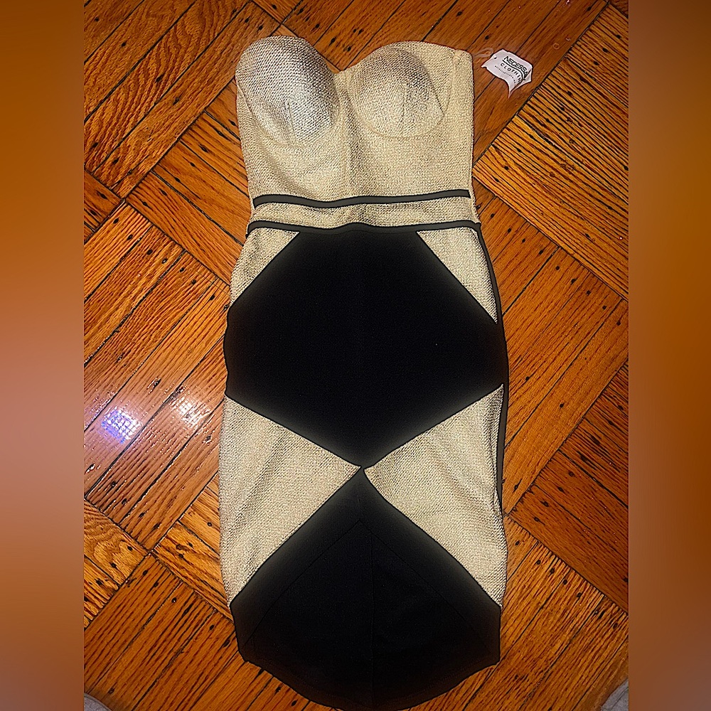 Color block strapless sweetheart black gold bodycon stretch midi dress cocktail
